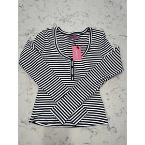 Edikted Women's XS Slim Fit Navy & White Knit Long Sleeve Henley Tee